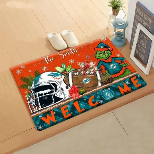 Discover Miami funny character Dolphins Doormat, Christmas Welcome Football Doormat