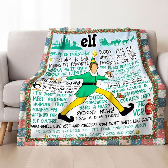 Buddy The Elf Fleece Blanket - Elf Christmas Throw, The Elf Xmas Movie Inspired, Holiday Couch Sofa Blanket