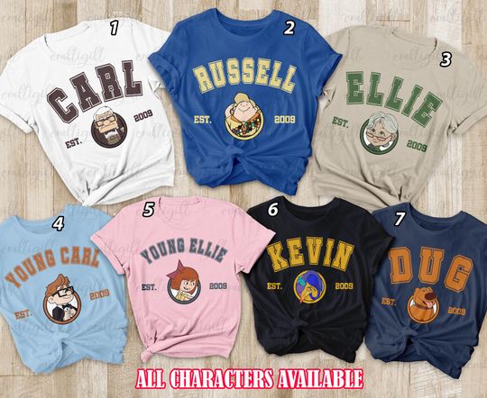 Discover Retro Pixar Up Movie Characters Shirt, Disney Up Adventure Family Shirt, Carl Ellie Couple Matching, Magic Kingdom Russel Kevin Dug Shirt