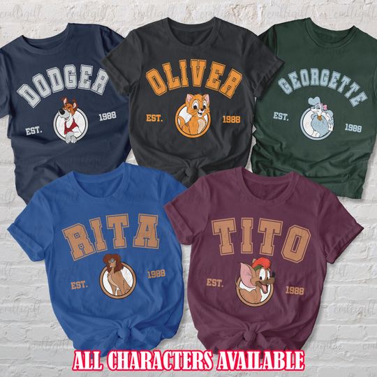 Discover Vintage Oliver And Company 1998 Shirt, Kitten Oliver Dodger Tito Georgette Rita, Oliver & Co Family Matching, Disneyland Dogaholics Shirt