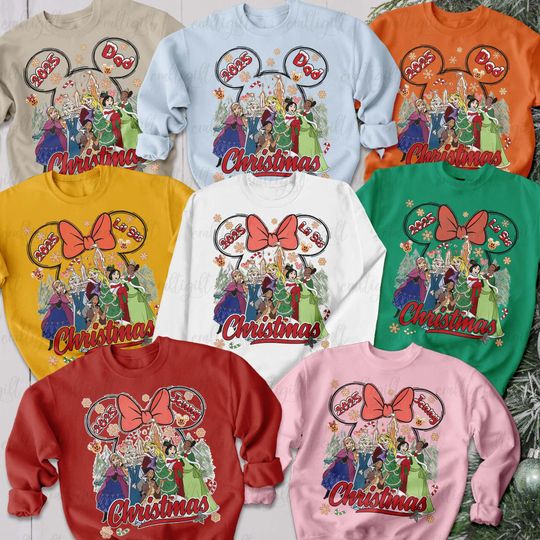 Discover Custom Princess Christmas Sweatshirt, Magical Castle Holiday Besties Shirt, Coquette Bow Xmas Girl Shirt, Disney Merry Christmas Party Shirt