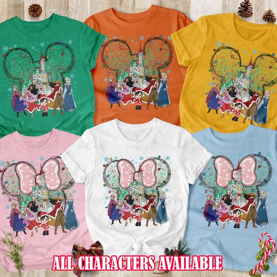 Customized Princess Holiday Girl Shirt, Elsa Anna Raya Vanellope, Pink Bow Princess Christmas Costume, Disneyland Castle Besties Trip Shirt