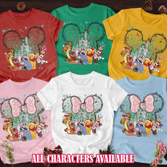 Discover Personalized Winnie The Pooh Christmas Costume, Pooh Bear Holiday Shirt, Piglet Eeyore Tigger Roo, Magical Castle Kids Adults Holiday Shirt