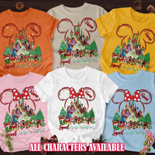 Discover Custom Princess Castle Christmas Girl Shirt, Coquette Princess Holiday Besties Matching, Disney Xmas Women Shirt, Rapunzel Moana Mulan Tiana