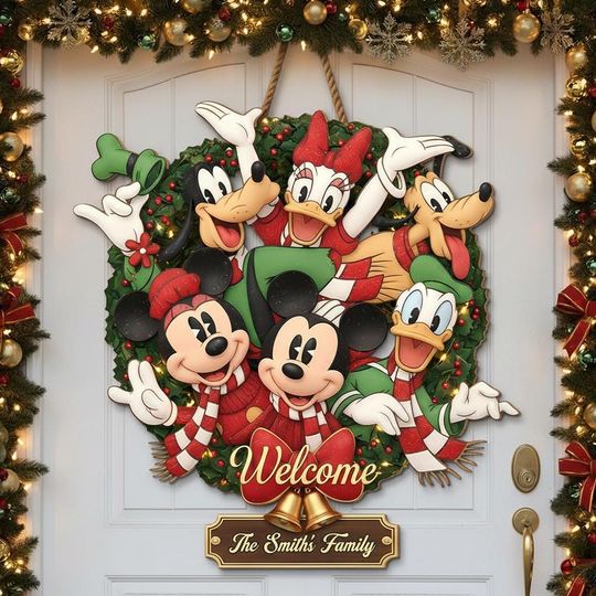 Discover Custom Mickey & Friends Christmas Welcome Sign, Personalized Family Door Wreath, Disney Holiday Dcor, Front Door Christmas Decoration.