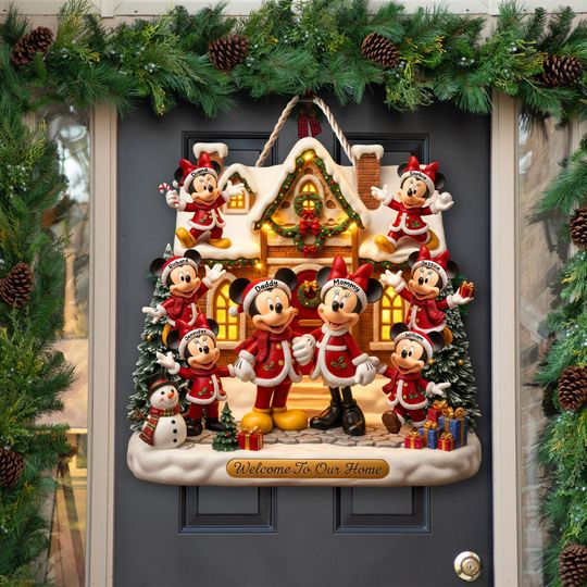 Discover Personalized Family Christmas Door Sign - Custom Mickey Holiday Wood Sign, Festive Front Door Decor, Unique Christmas Gift
