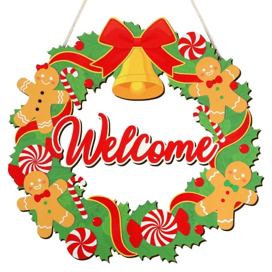Discover Christmas Welcome Sign Door Decoration with Gingerbread Men Wood Wreath