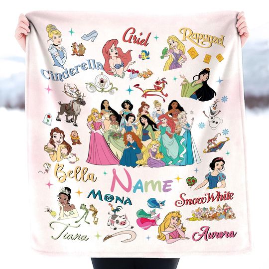 Discover Personalized Disney Princess Watercolor Blanket with Bows, Disneyland Girl Trip Throw, Birthday Girl Fleece Blanket