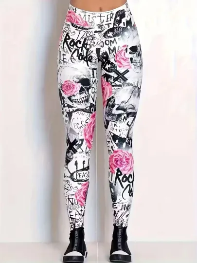 Discover Skull & Floral Print Skinny Leggings