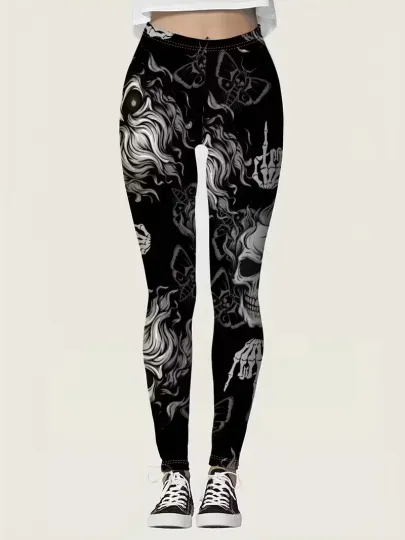 Discover Black with Gray & White Design, Skull Leggings
