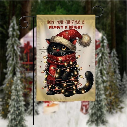 Discover Christmas Garden Flag: Meowy & Bright Christmas Cat with Lights Santa Hat - Welcome Flag