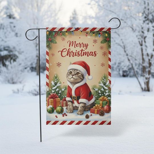 Discover Yard Flag: Cat in Santa Hat Holiday Garden Banner