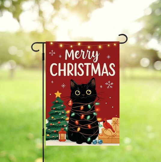 Discover Meowy Christmas Flag, Christmas Black Cat Garden Flag, Holiday Outdoor Yard Decor, Cute Cat Christmas Flag, Winter Porch Decoration