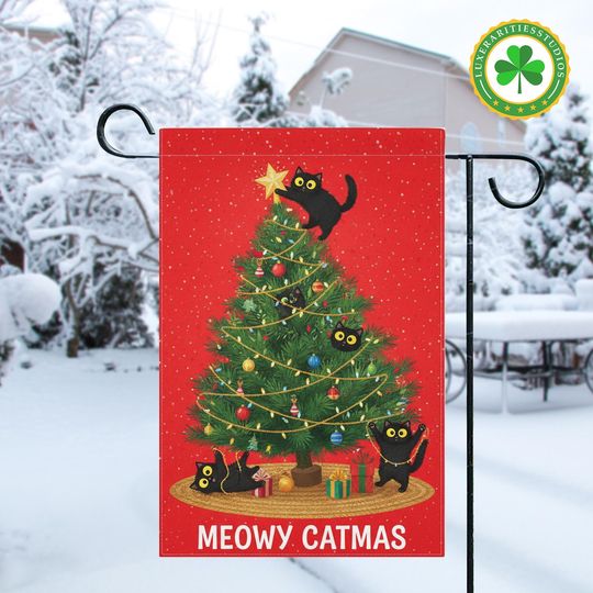 Discover Christmas Cat Garden Flag, Funny Black Cats Climbing Christmas Tree Yard Decor, Outdoor Holiday Decor For Cat Lovers