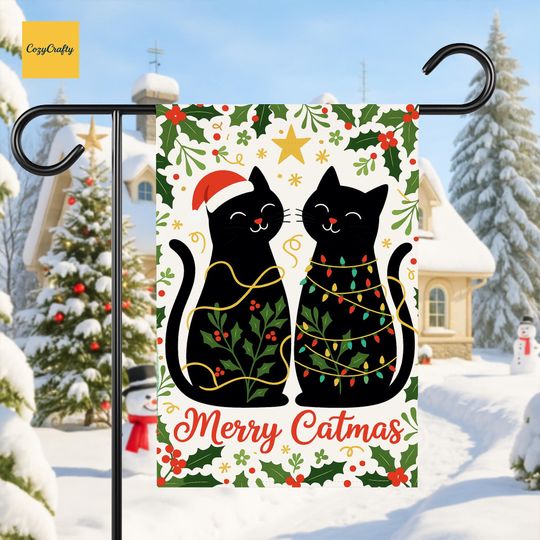 Discover Merry Catmas Garden Flag Cute Black Cat Christmas Lights Holiday Yard Decor Double Sided Kitty Welcome Sign Winter Cat Lover Gift Seasonal