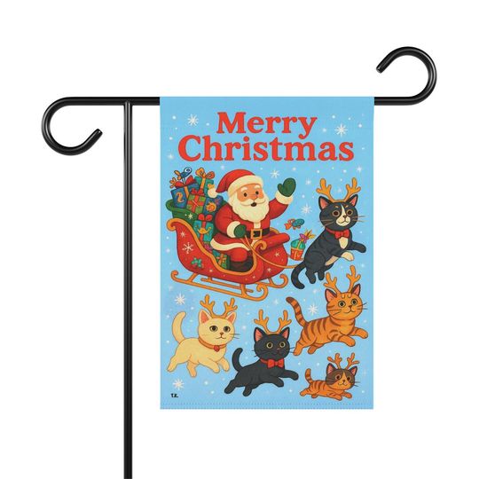 Discover Merry Christmas Garden Flag with Reindeer and Cats Sleigh Ride