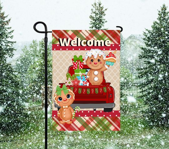 Discover Christmas Welcome Garden Flag with Gingerbread Men and Truck Decorations