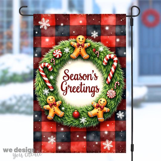 Christmas Garden Flag, Seasons Greetings Holiday Design, Christmas Outdoor Decor, Gingerbread Wreath