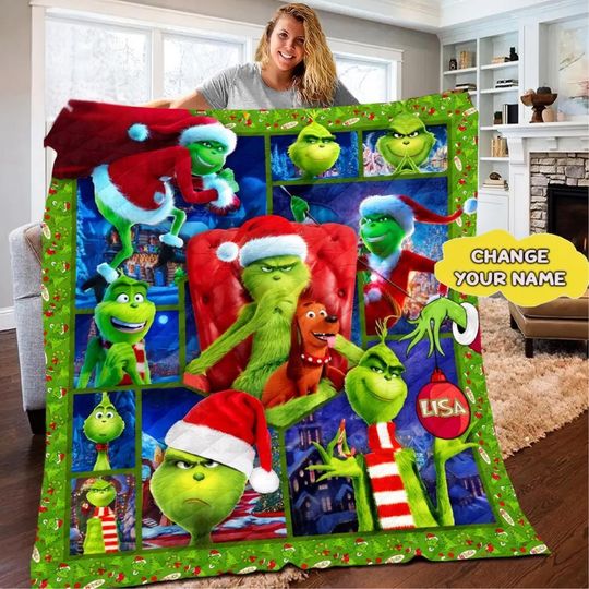 Discover Personalized Merry Grin Quilt Blanket, Funny funny character Christmas Cozy Quilt Blanket, Bedding blanket, Bedding Decor, Home Decor Gift.