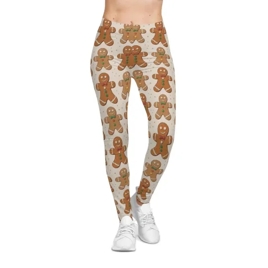 Discover Cute Gingerbread Man Christmas Leggings Women's Holiday Cookie Print Yoga Pants
