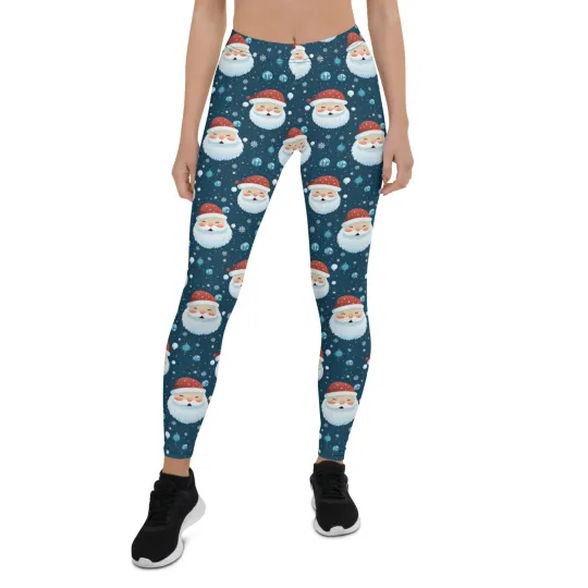Santa Claus Leggings Women Ladies, Blue Snowflakes Christmas Xmas Holidays Print