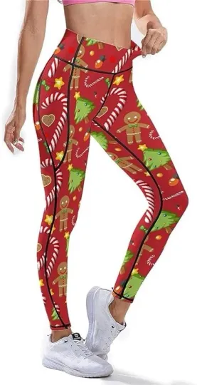 Christmas Candy Cane & Gingerbread Leggings – Festive High-Waist Yoga Pants