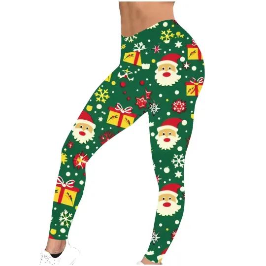 Women’s Green Christmas Leggings – Santa Claus, Gift & Snowflake Print Holiday