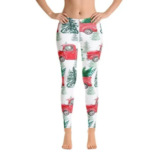 Discover Vintage Red Truck Christmas Leggings,Holiday, Santa,Trees,Tradition,Retro