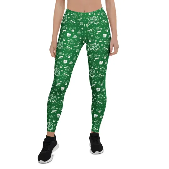 Green Christmas Santa Presents Collage Leggings