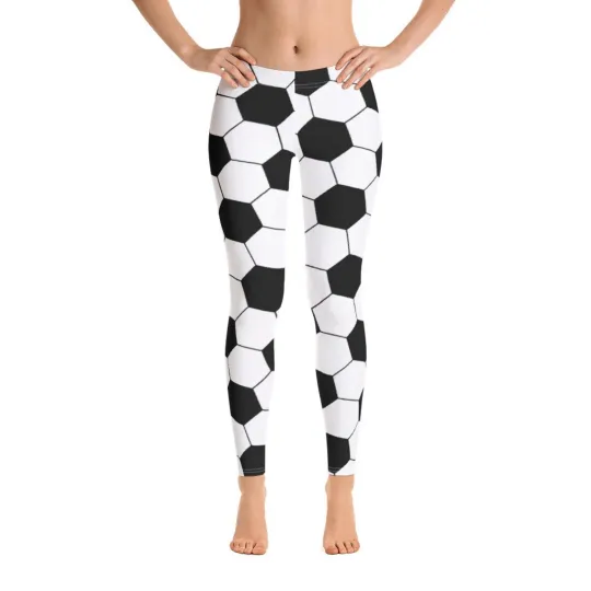 Women's High Waist Soccer Leggings Black White Stitch Print Yoga Training Pants