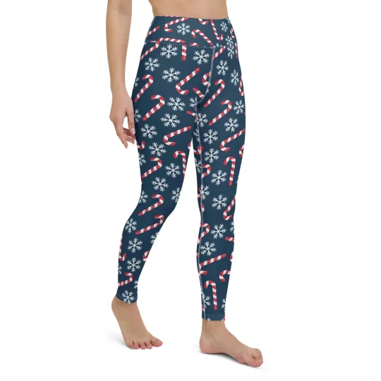 Candy Cane Leggings, High Waisted Snowflakes Blue Christmas Holidays Printed