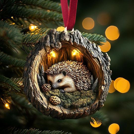 Woodland Hedgehog Ornament  Bark log hollow, pinecones and moss, rustic ash-wood look, cozy Christmas tree style, 2D FLAT ornament