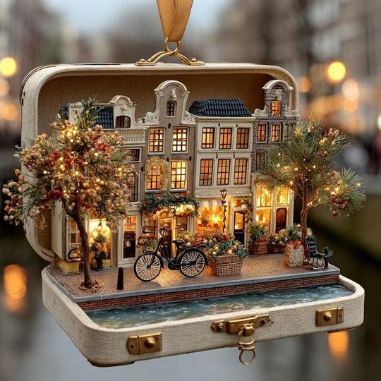 Amsterdam Christmas Ornament Miniature City In Suitcase Light Up Holiday Decor Winter Wonderland Travel Inspired Gift