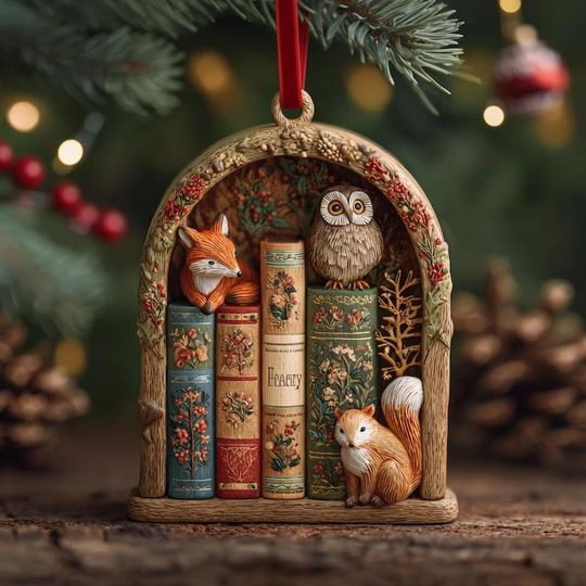 Discover Woodland Animals Bookshelf Ornament, Fox Owl Squirrel Miniature Christmas Decor, Cozy Cottagecore Literary Tree Decoration, Unique Gift