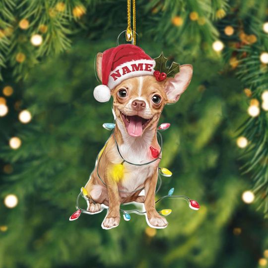 Custom Name Chihuahua Dog With Santa Hat Christmas Lights Ornament, Personalized Pet Name Decoration, Christmas Tree Decor, Dog Ornament