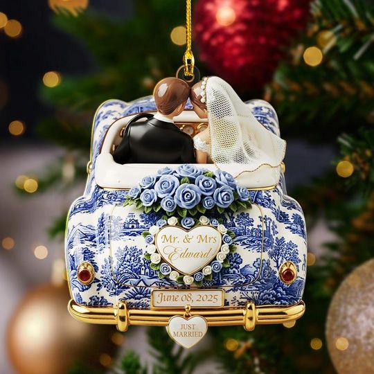Personalized Just Married Toile de Jouy Ornament, Custom Wedding Gifts For Couple, 2025 Mr and Mrs, First Christmas Married, Newlywed Car