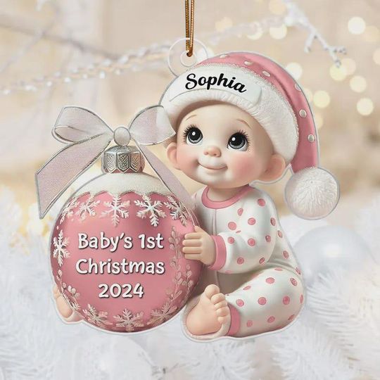 Discover Baby Holding Christmas Bauble 3D Effect Baby's First Christmas Ornament, Personalized Baby Flat Ornament
