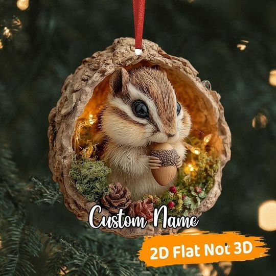 Discover Rustic Woodland Chipmunk In Acorn Ornament, LED Lighted Terrarium Christmas Tree Decoration Gift For Nature Lovers