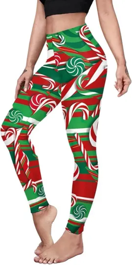 Christmas Candy Cane Leggings for Women - Holiday Peppermint Yoga Pants