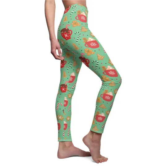 Green Hot Cocoa Gingerbread Christmas Leggings Holiday Cookie Yoga Pants Soft