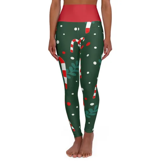 Discover Christmas Candy Cane Pattern High Waisted Yoga Leggings Christmas Holiday Print