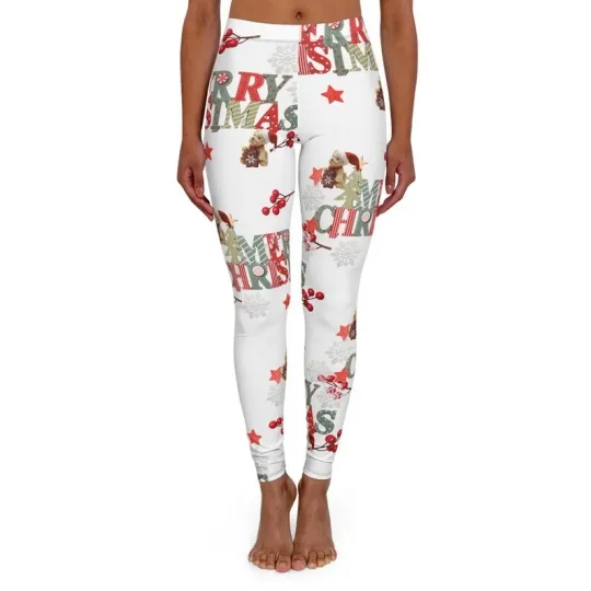 Discover Merry Christmas Script Leggings Holiday Floral Berries Pattern