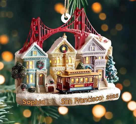 Personalized 2D FLAT acrylic San Francisco Ornament, Golden Gate Bridge & Cable Car Christmas Decor, Custom Name and Year, SF Travel