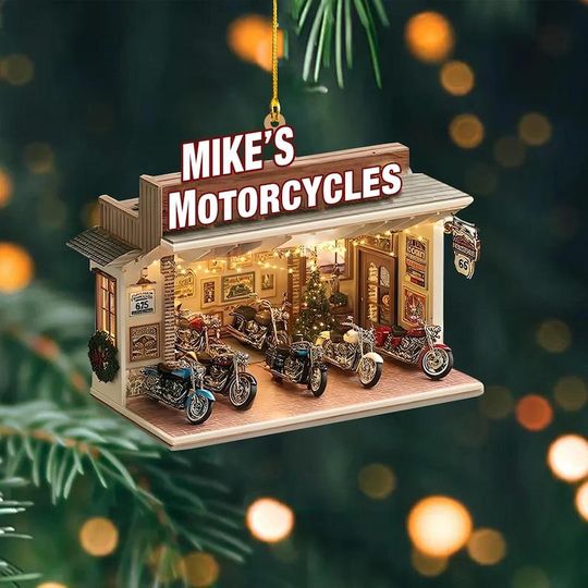 Discover Personalized 2D FLAT Acrylic Motorcycle Shop Ornament, Custom Biker Garage Christmas Decor, Motorcycle Lover Gift for Men, Custom Store Name
