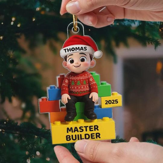 Discover 2D Flat Little Kid Master Builder Personalized Acrylic Ornament, Custom Lego Christmas Ornament, Gift for Boys Girls Kids