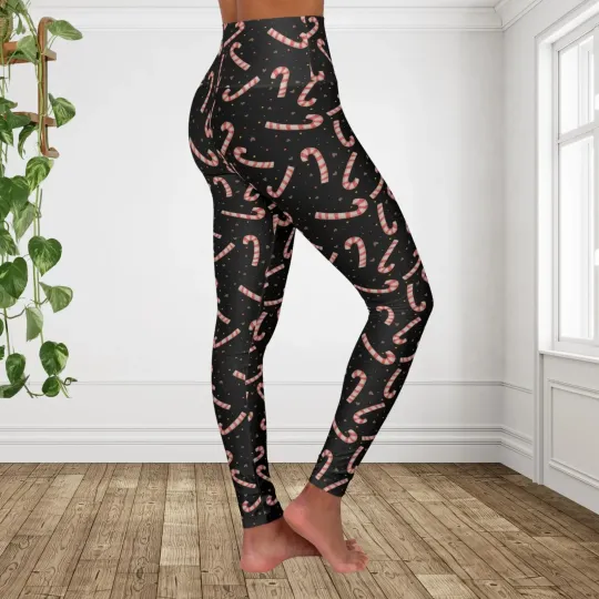 Discover Candy Cane Christmas Leggings Holiday Yoga Pants with Gold