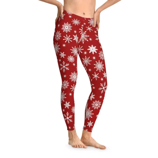 Red White Snowflake Christmas Leggings Women's Holiday Winter Print Pants Soft