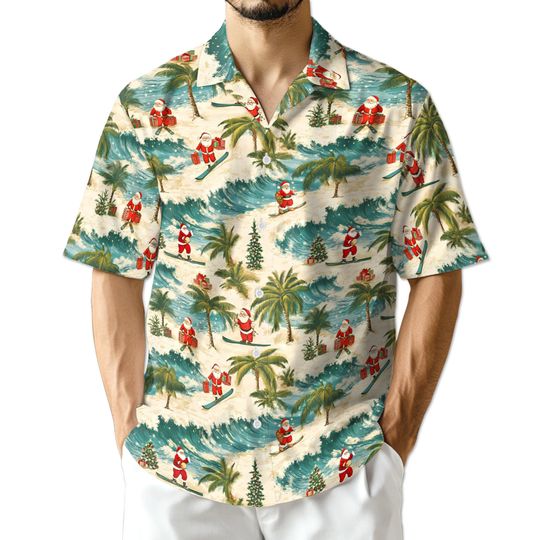 Discover Funny Santa Surfing Hawaiian Shirt for Men & Women, Blue Tropical Christmas Aloha Shirt