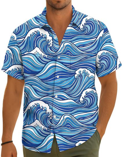 Discover Ocean Wave Button Pocket Hawaiian Shirt for Men and Women   Japanese Style Surf Shirt   Blue Sea Aloha Shirt   Minimal Summer Vacation Tee