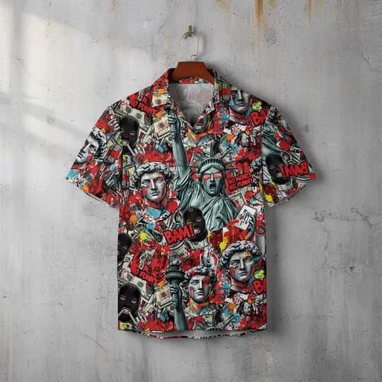 Graffiti Art Hawaiian Shirt with Statue of Liberty & David Print, Red Comic Pattern, Button-Up, Urban Summer Style